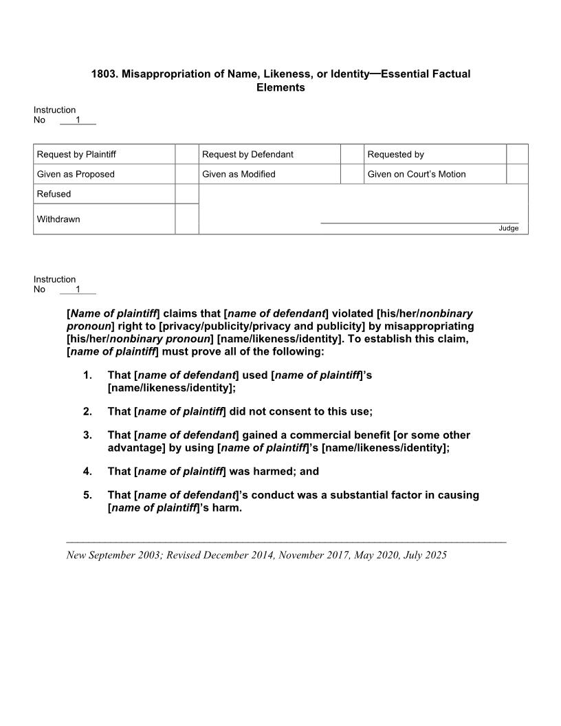 1803. Misappropriation Of Name Likeness Or Identity Essential Factual Elements | Pdf Docx | Jury Instructions