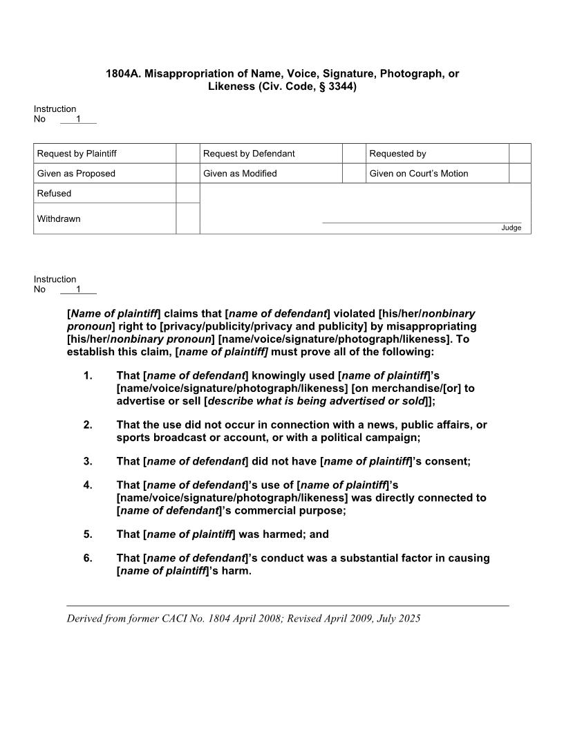 1804A. Misappropriation Of Name Voice Signature Photograph Or Likeness | Pdf Doc Docx | Jury Instructions
