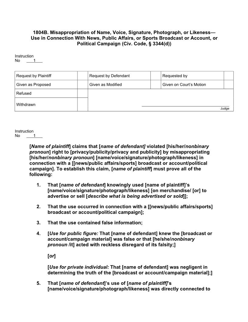 1804B. Misappropriation Of Name Voice Signature Photograph Likeness Broadcast Account Campaign | Pdf Doc Docx | Jury Instructions