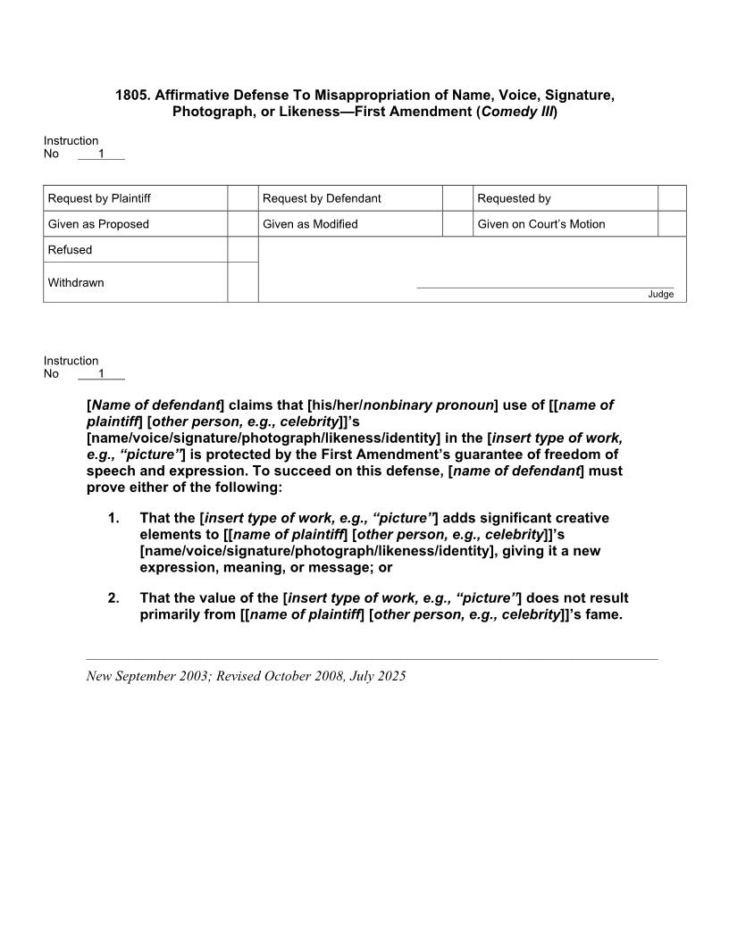 1805. Affirmative Defense To Misappropriation Of Name Voice Signature Photograph Or Likeness First Amendment (Comedy III) | Pdf Docx | Jury Instructions