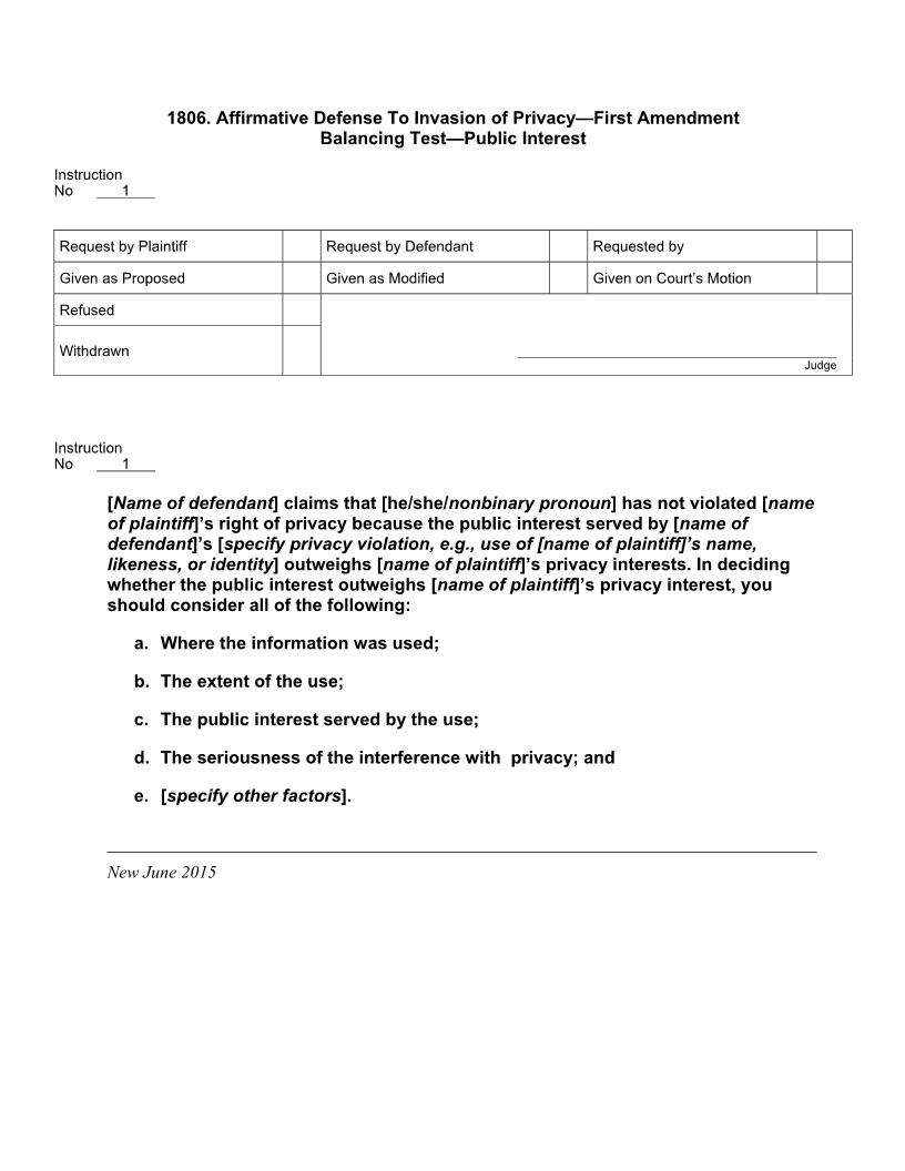 1806. Affirmative Defense to Invasion of Privacy First Amendment Balancing Test Public Interest | Pdf Doc Docx | Jury Instructions