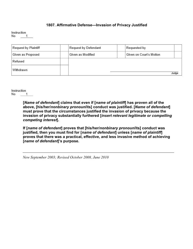 1807. Affirmative Defense Invasion of Privacy Justified | Pdf Docx | Jury Instructions
