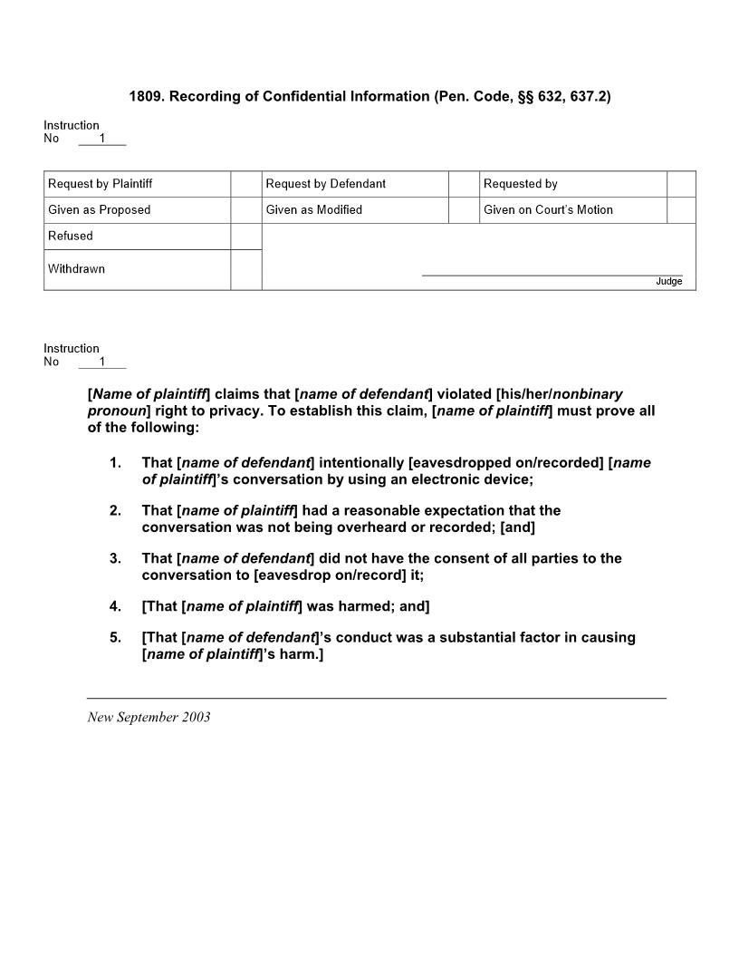 1809. Recording of Confidential Information (Pen. Code, 632, 637.2) | Pdf Docx | Jury Instructions