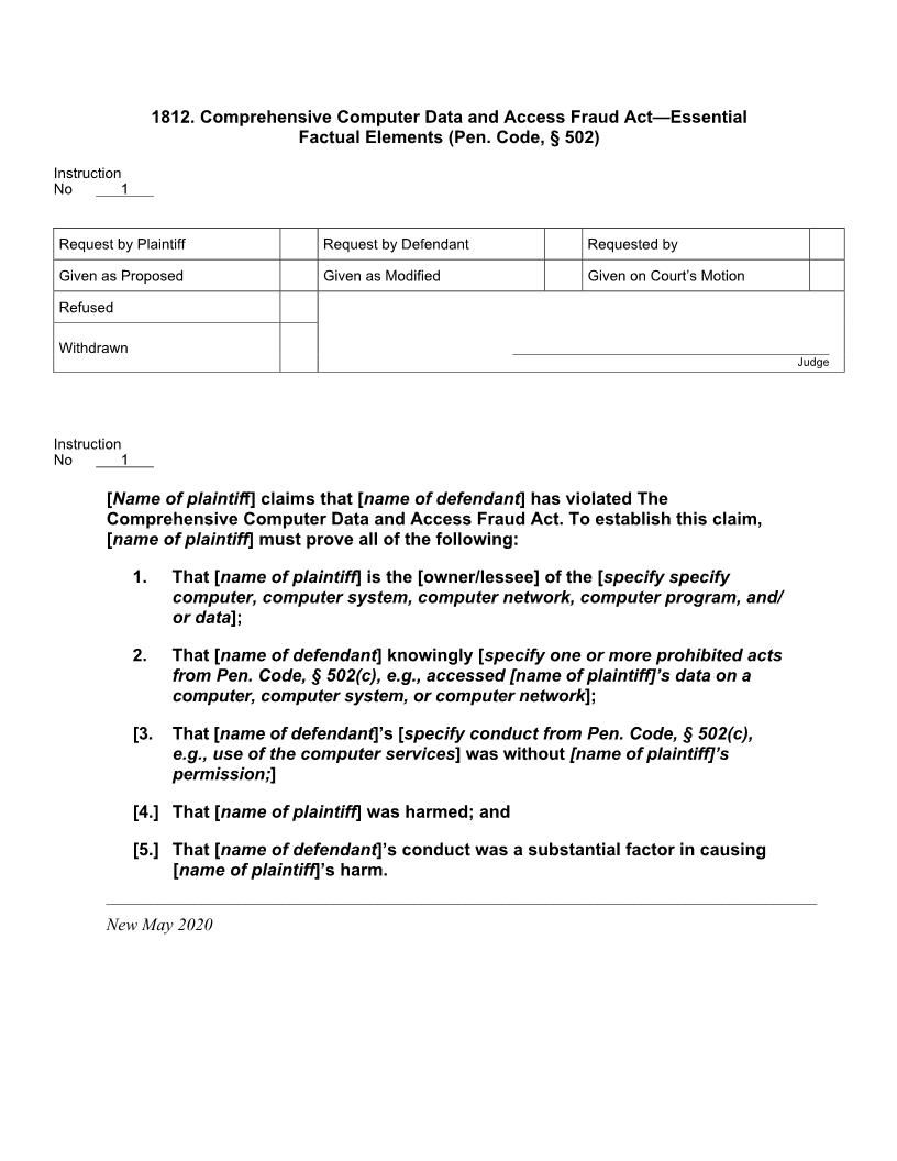 1812. Comprehensive Computer Data Access Fraud Act Essential Factual Els (Pen. Code, § 502) | Pdf Docx | Jury Instructions