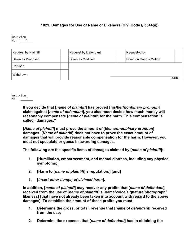1821. Damages For Use Of Name Or Likeness (Civ. Code 3344(a)) | Pdf Docx | Jury Instructions