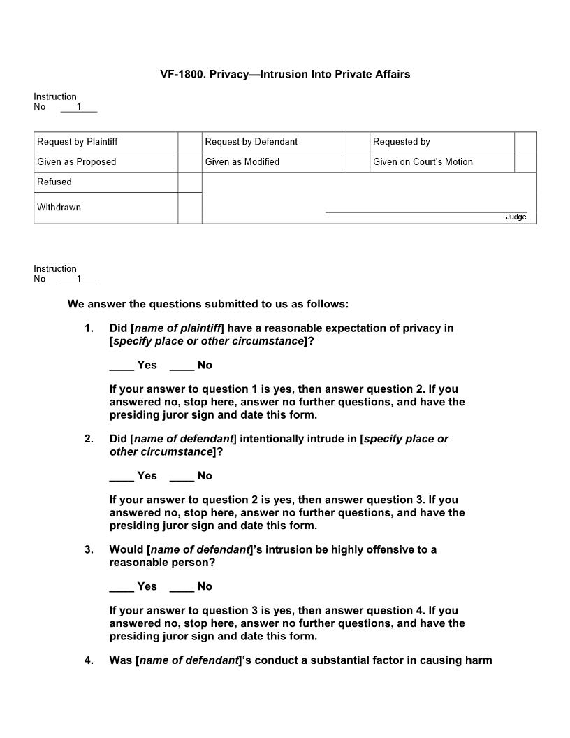 VF 1800. Privacy Intrusion Into Private Affairs | Pdf Docx | Jury Instructions