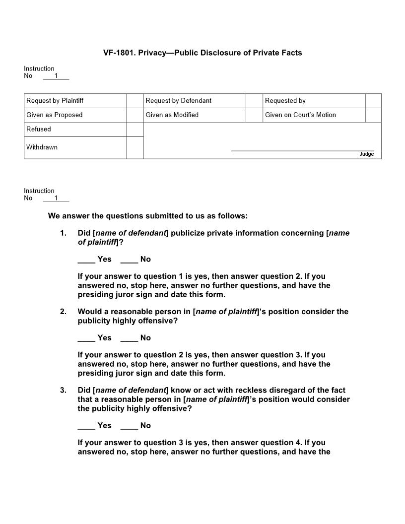 VF 1801. Privacy Public Disclosure of Private Facts | Pdf Docx | Jury Instructions