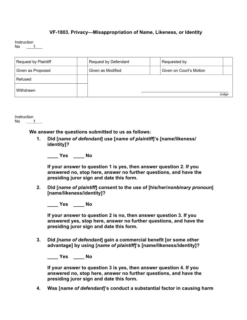 VF 1803. Privacy Misappropriation Of Name Likeness Or Identity | Pdf Docx | Jury Instructions