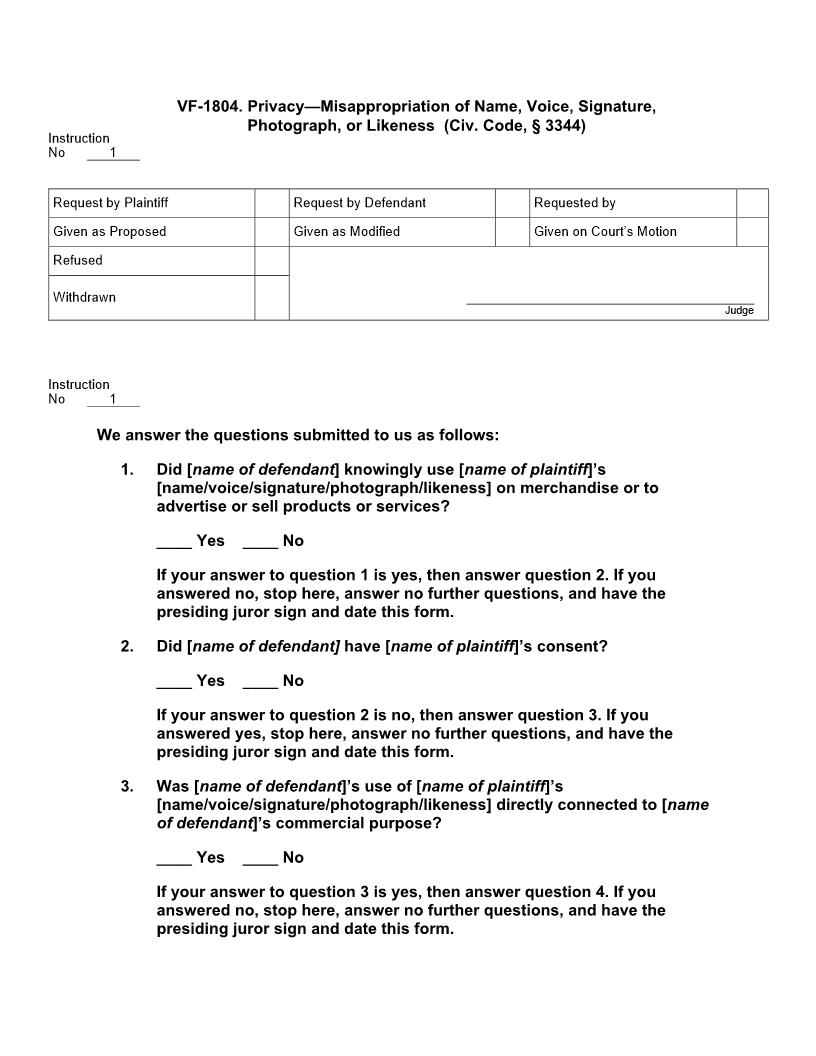 VF 1804. Privacy Misappropriation Of Name Voice Signature Photograph Or Likeness | Pdf Docx | Jury Instructions