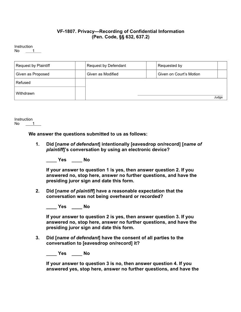 VF 1807. Privacy Recording of Confidential Information (Pen. Code, 632, 637.2) | Pdf Docx | Jury Instructions