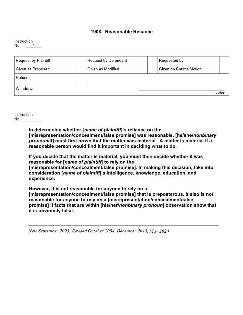 1908. Reasonable Reliance | Pdf Docx | Jury Instructions