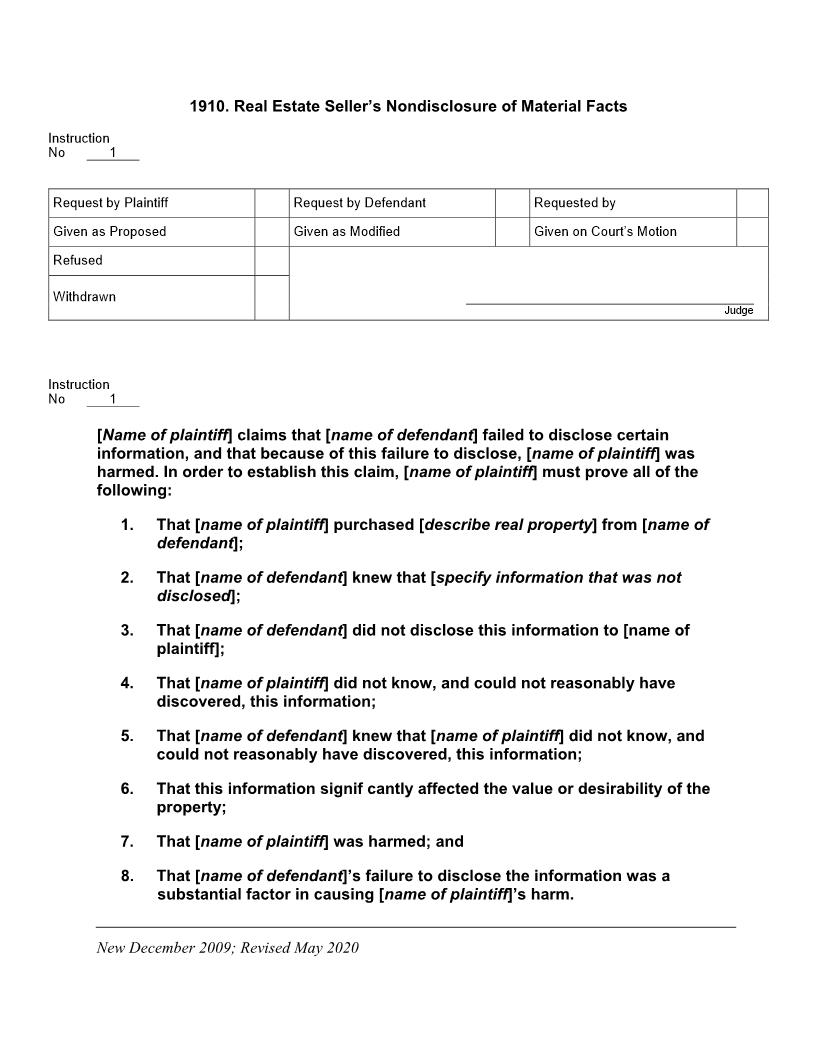 1910. Real Estate Sellers Nondisclosure of Material Facts | Pdf Docx | Jury Instructions
