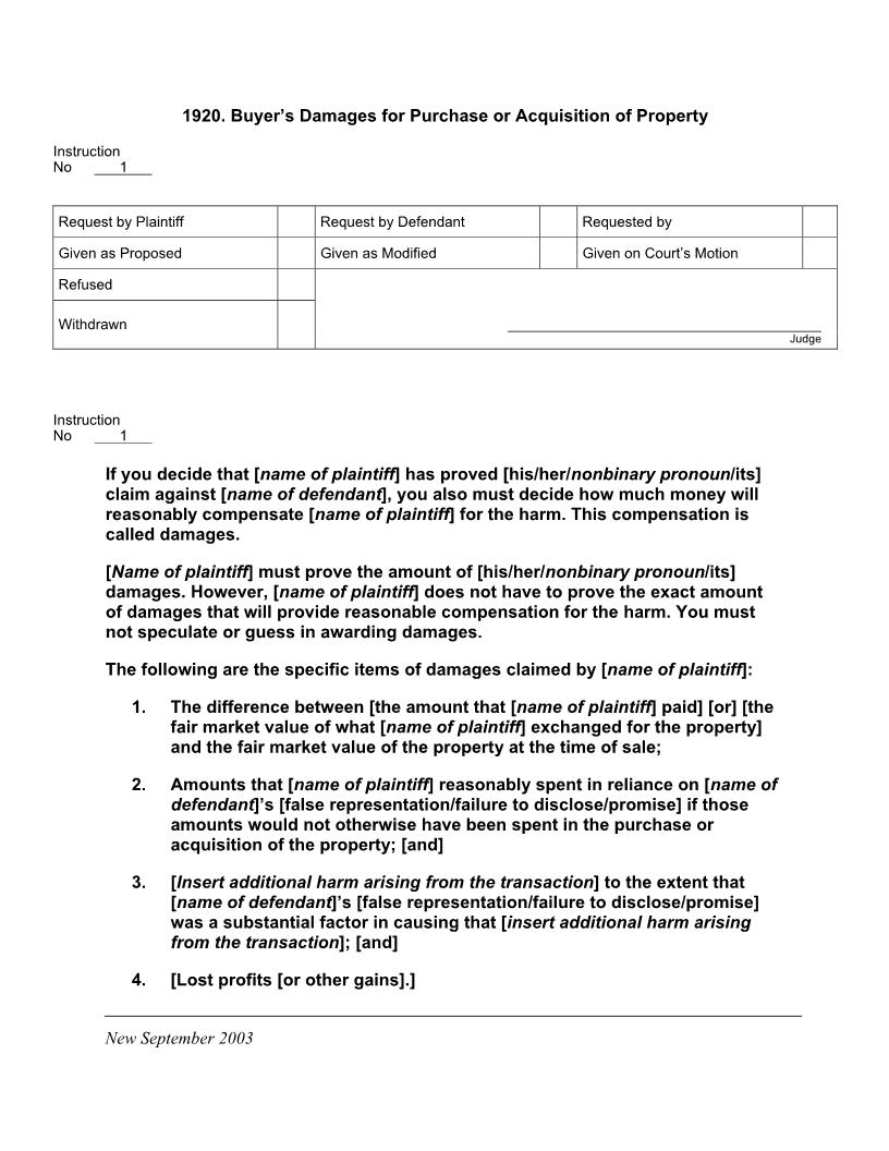 1920. Buyers Damages for Purchase or Acquisition of Property | Pdf Docx | Jury Instructions