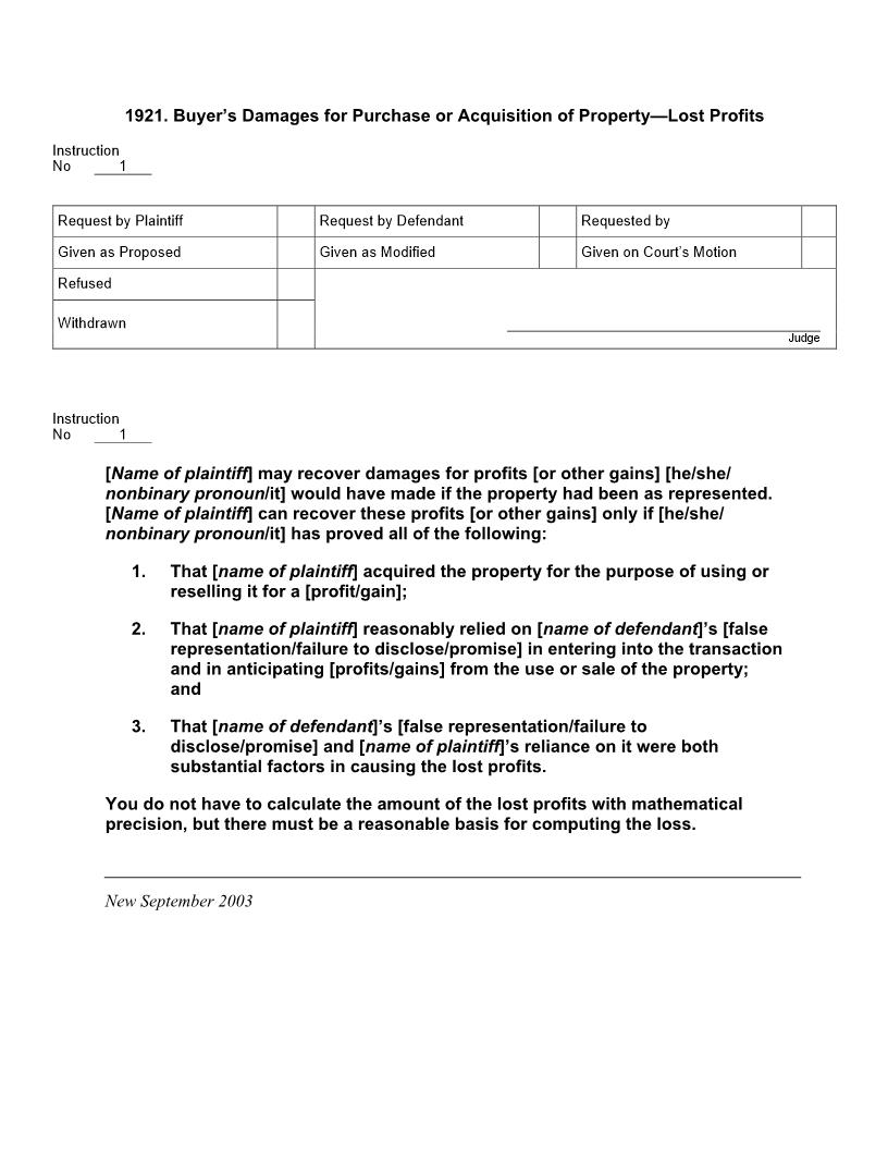 1921. Buyers Damages for Purchase or Acquisition of Property Lost Profits | Pdf Docx | Jury Instructions