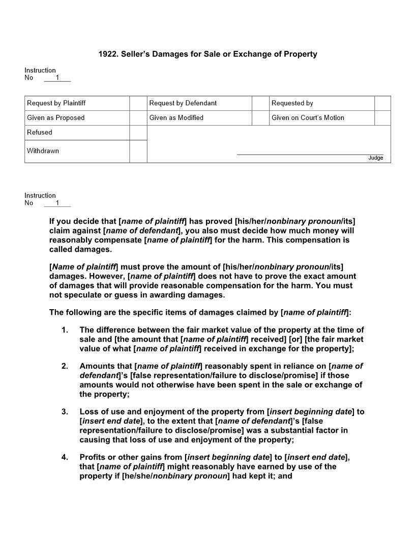 1922. Sellers Damages for Sale or Exchange of Property | Pdf Docx | Jury Instructions