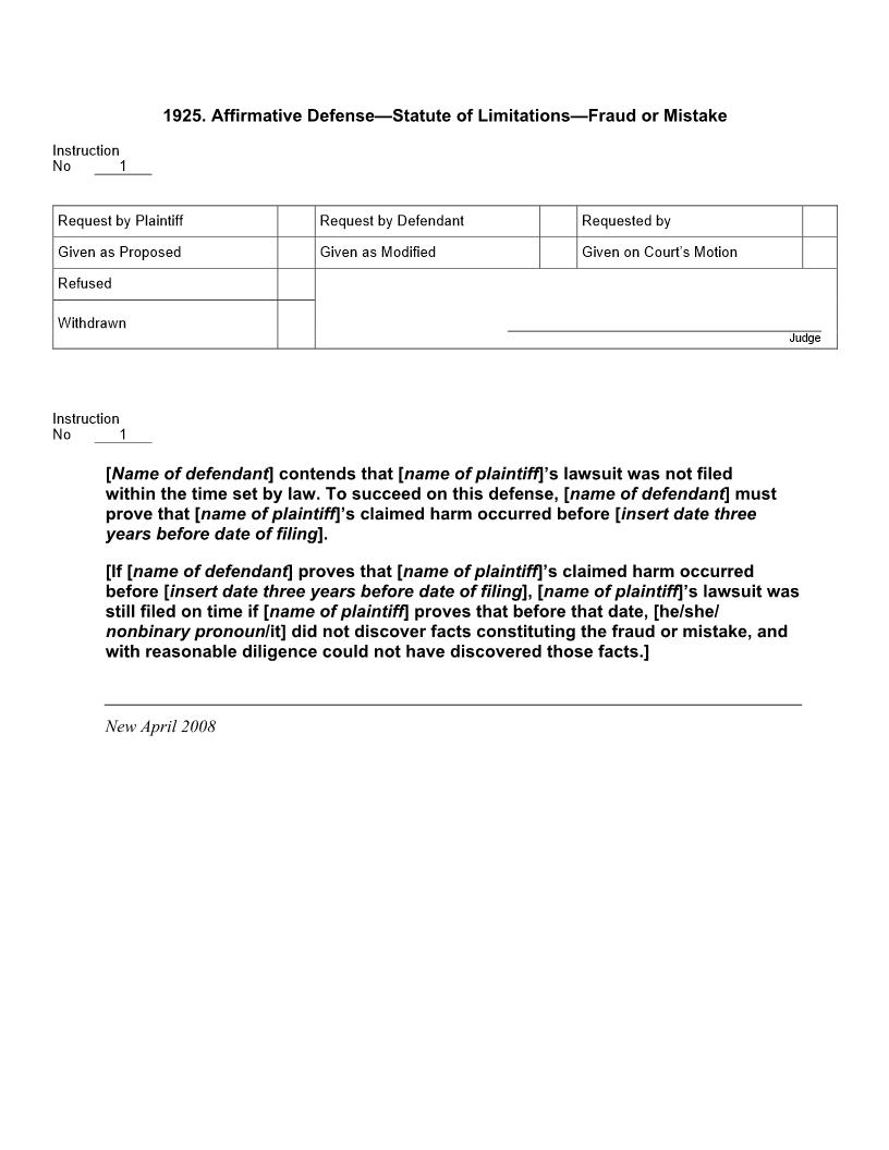 1925. Affirmative Defense Statute of Limitations Fraud or Mistake | Pdf Docx | Jury Instructions