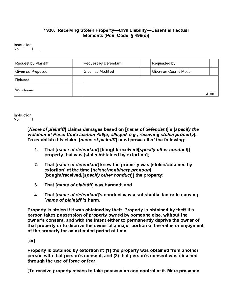 1930. Receiving Stolen Property Civil Liability Essential Factual | Pdf Docx | Jury Instructions