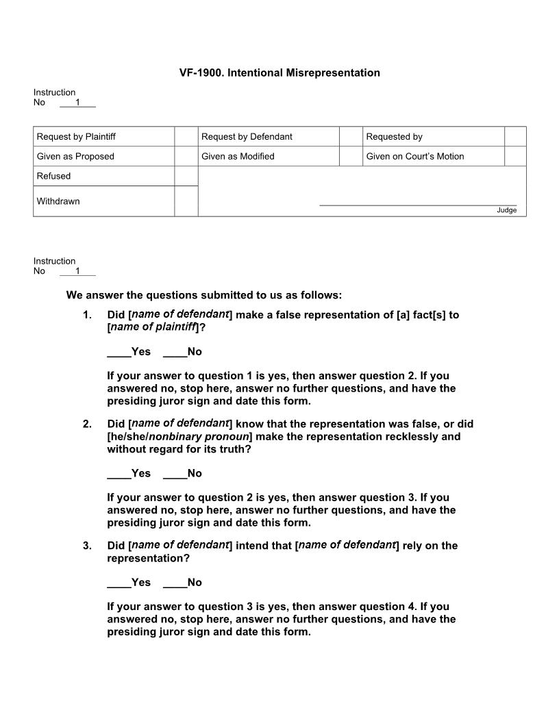 VF 1900. Intentional Misrepresentation | Pdf Docx | Jury Instructions
