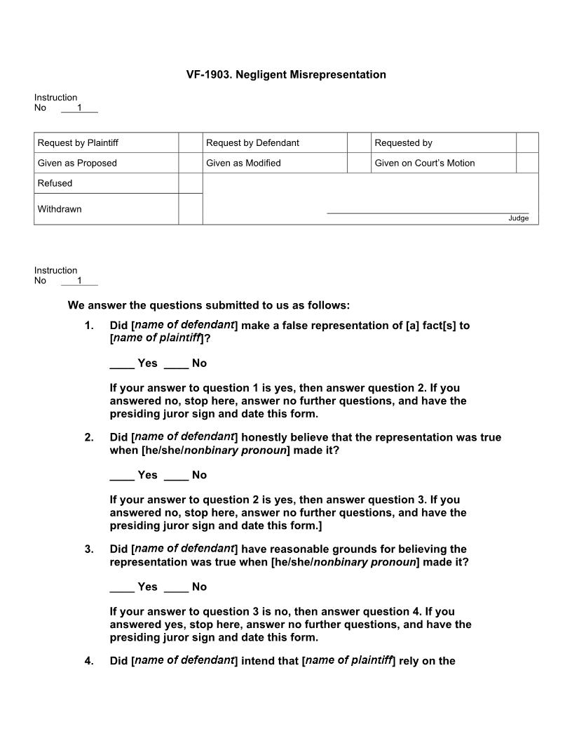 VF 1903. Negligent Misrepresentation | Pdf Docx | Jury Instructions