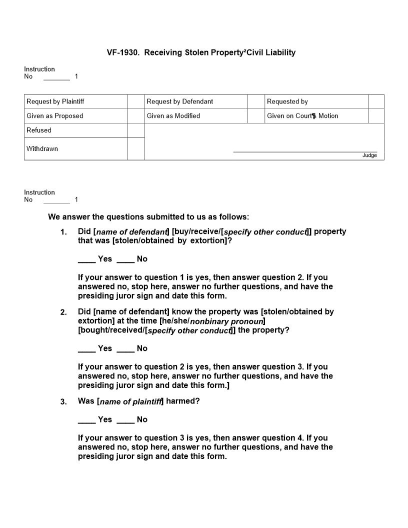 VF 1930. Receiving Stolen Property Civil Liability | Pdf Docx | Jury Instructions