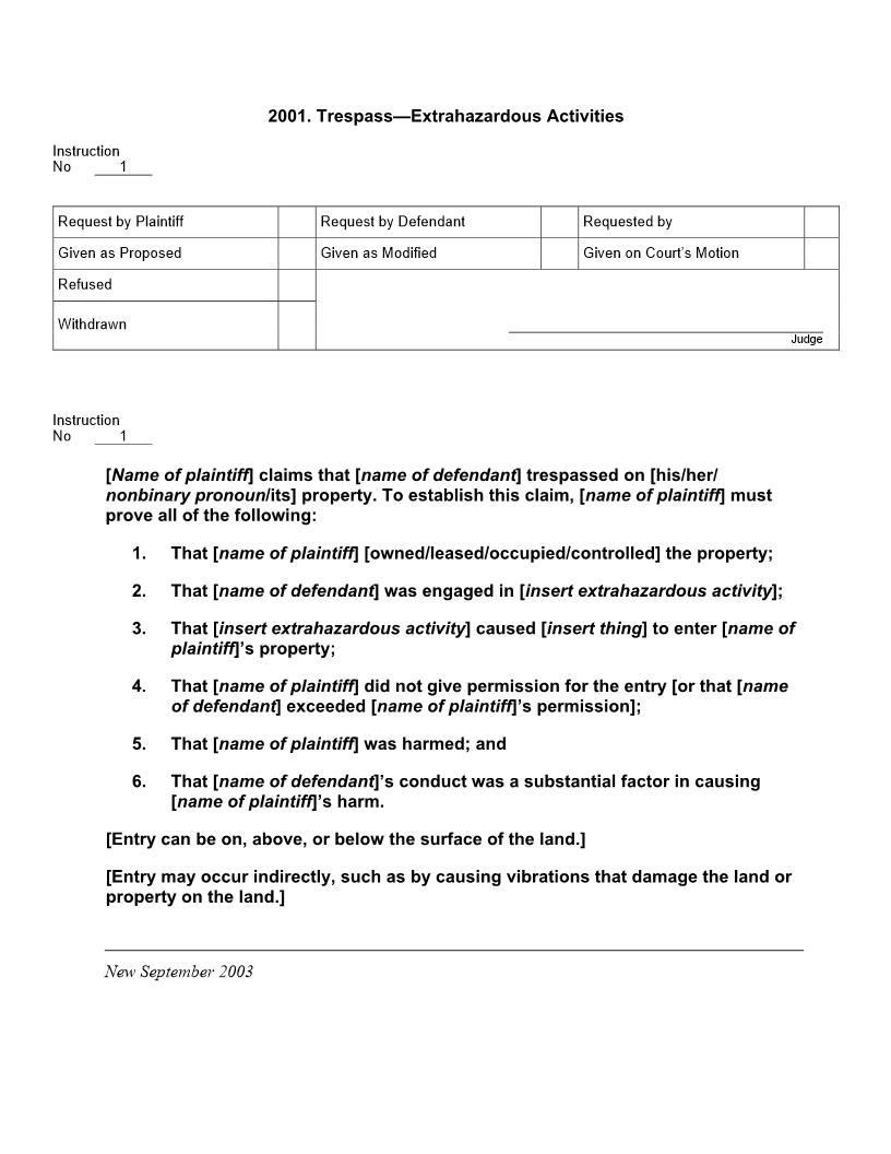 2001. Trespass Extrahazardous Activities | Pdf Docx | Jury Instructions
