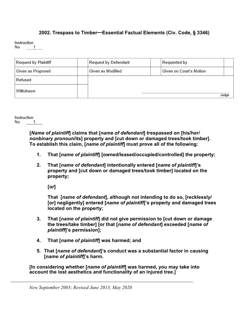 2002. Trespass to Timber Essential Factual Elements (Civ. Code, 3346) | Pdf Docx | Jury Instructions