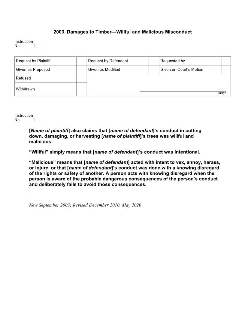 2003. Damages to Timber Willful and Malicious Misconduct | Pdf Docx | Jury Instructions