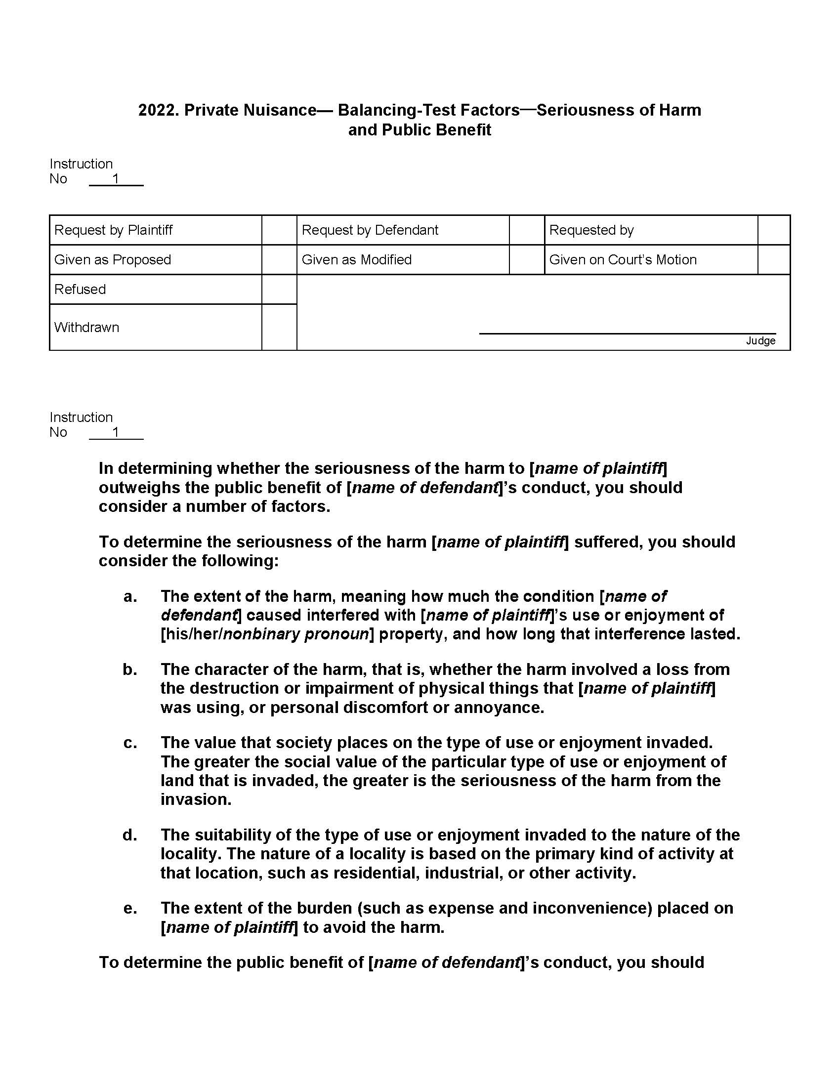 2022. Private Nuisance Balancing-Test Factors Seriousness Of Harm And Benefit | Pdf Docx | Jury Instructions