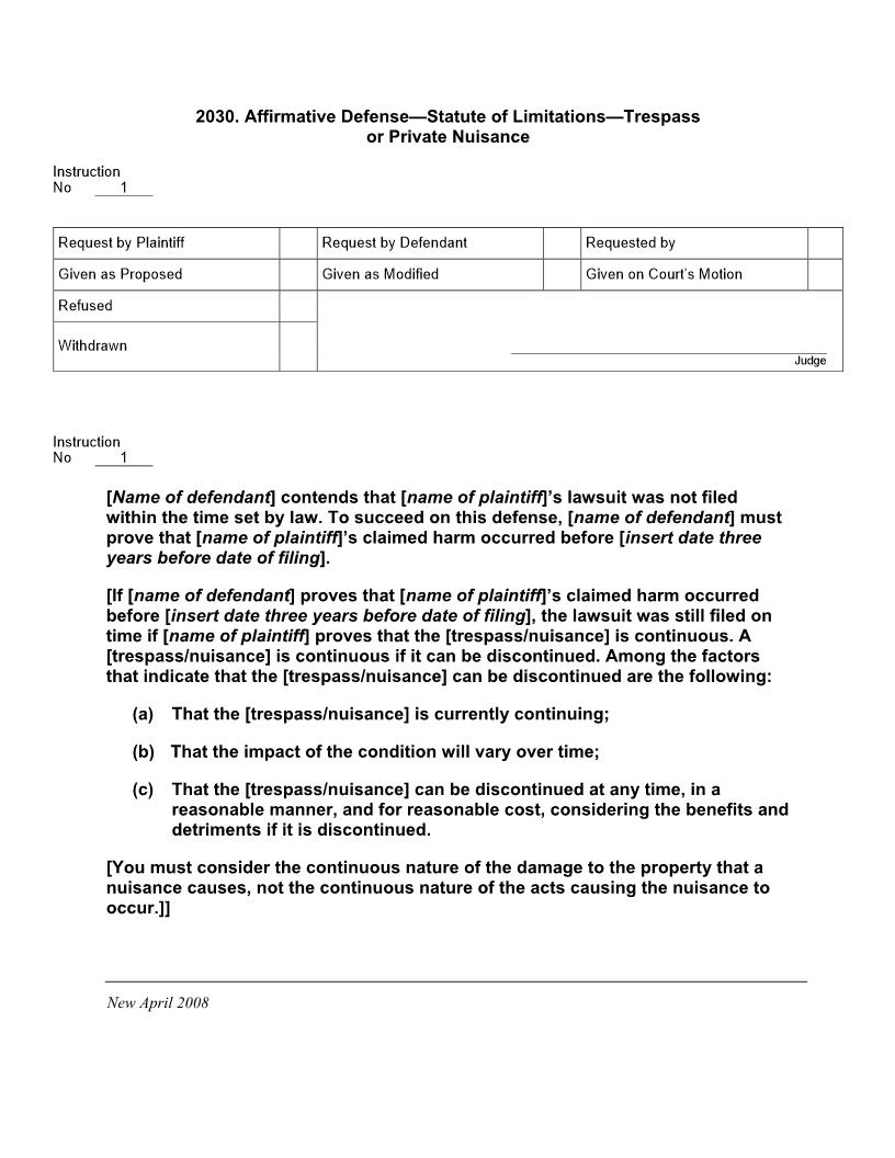 2030. Affirmative Defense Statute of Limitations Trespass or Private Nuisance | Pdf Docx | Jury Instructions