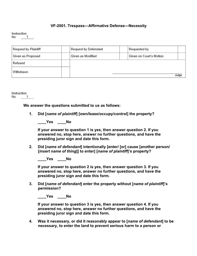 VF 2001. Trespass Affirmative Defense Necessity | Pdf Docx | Jury Instructions