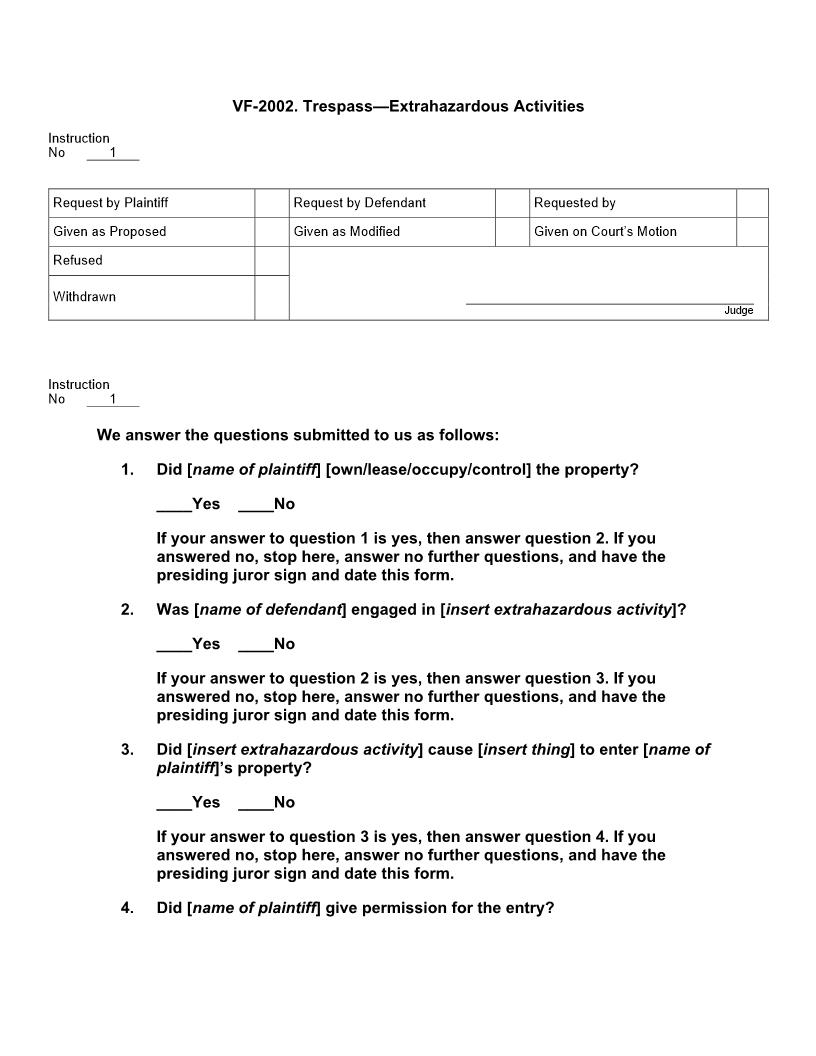 VF 2002. Trespass Extrahazardous Activities | Pdf Docx | Jury Instructions