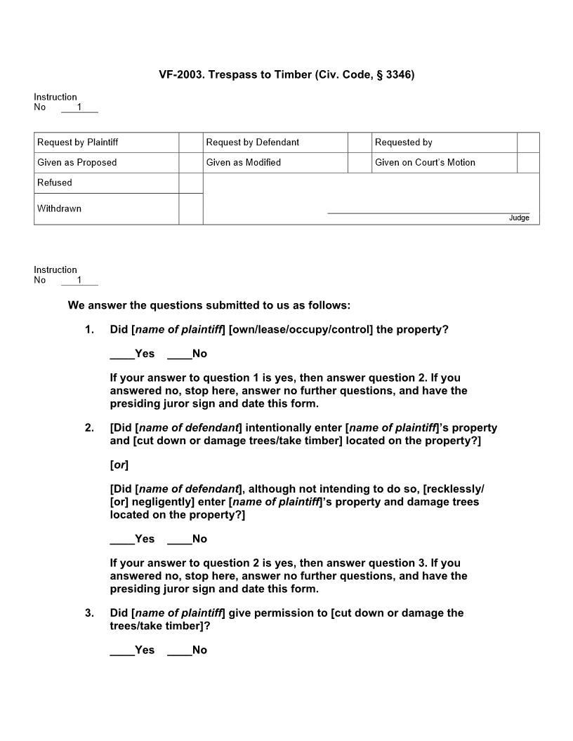 VF 2003. Trespass to Timber (Civ. Code, 3346) | Pdf Docx | Jury Instructions