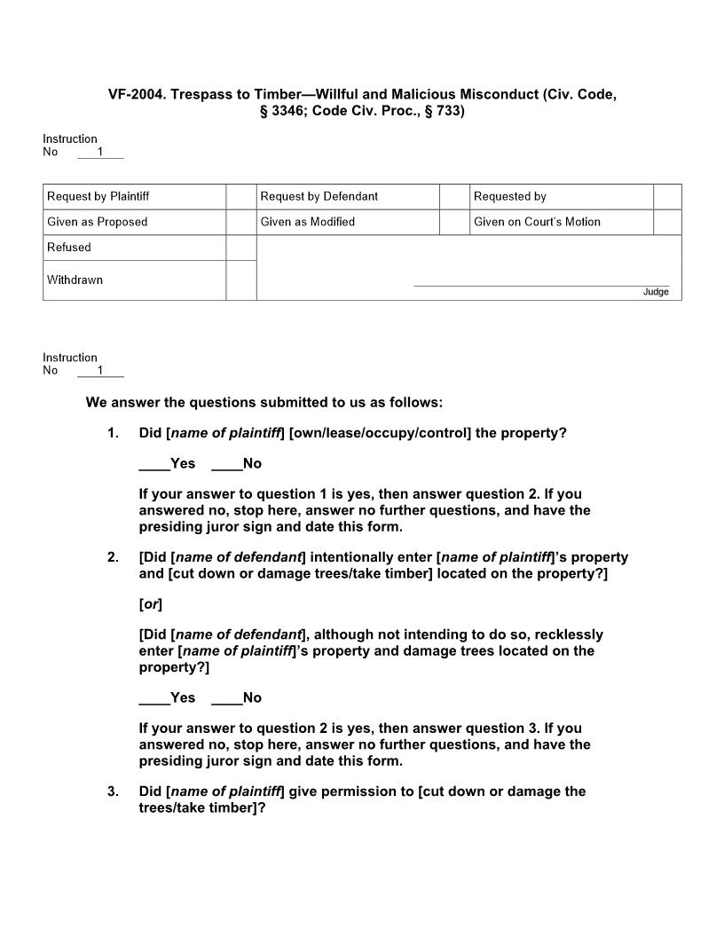VF 2004. Trespass to Timber Willful and Malicious Misconduct (Civ. Code, 3346; Code Civ. Proc., 733) | Pdf Docx | Jury Instructions