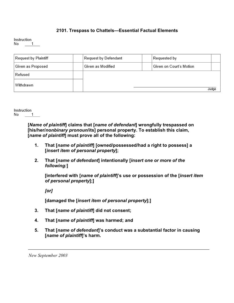 2101. Trespass to Chattels Essential Factual Elements | Pdf Docx | Jury Instructions