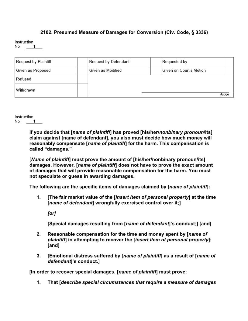 2102. Presumed Measure Of Damages For Conversion (Civ. Code, § 3336) | Pdf Doc Docx | Jury Instructions