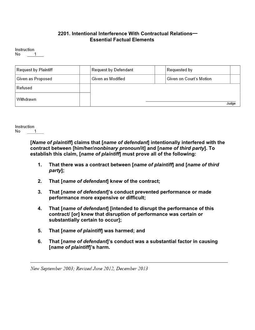 2201. Intentional Interference With Contractual Relations Essential Factual Elements | Pdf Docx | Jury Instructions