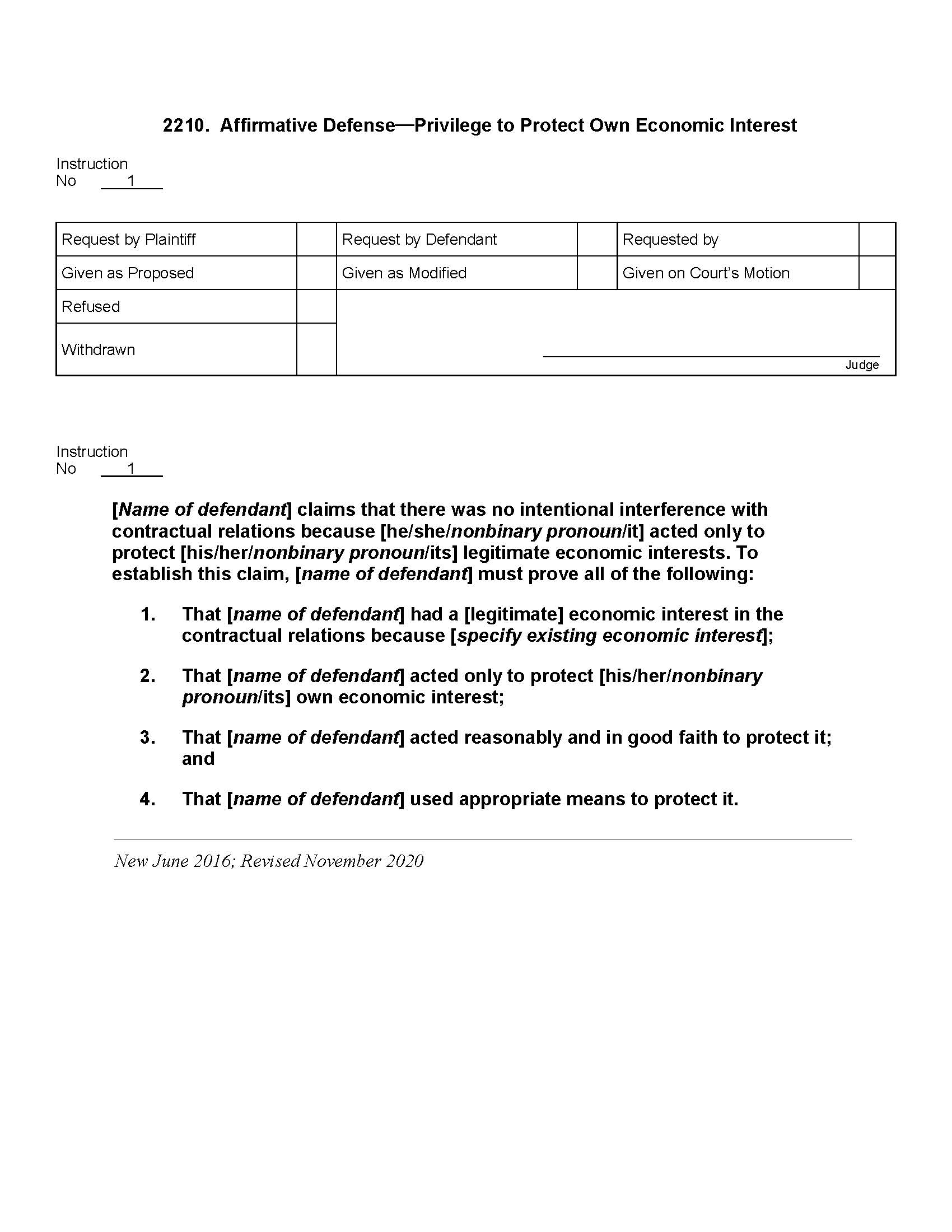 2210. Affirmative Defense Privilege to Protect Own Economic Interest | Pdf Docx | Jury Instructions