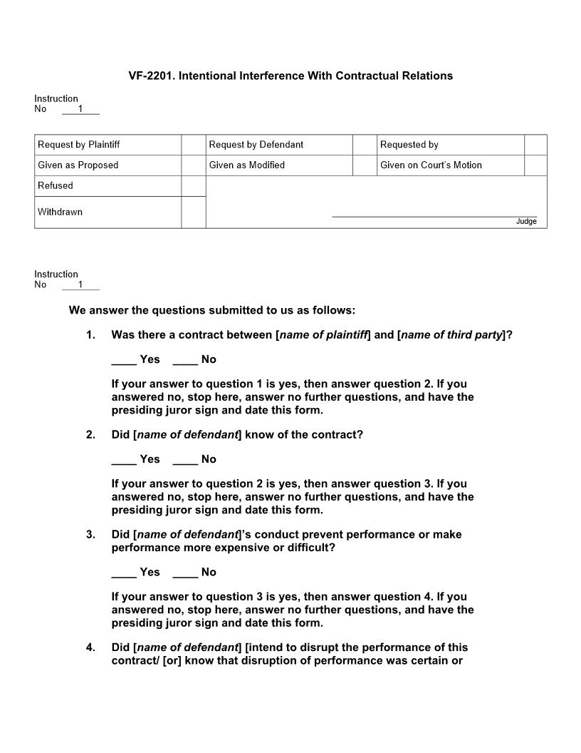 VF 2201. Intentional Interference With Contractual Relations | Pdf Docx | Jury Instructions