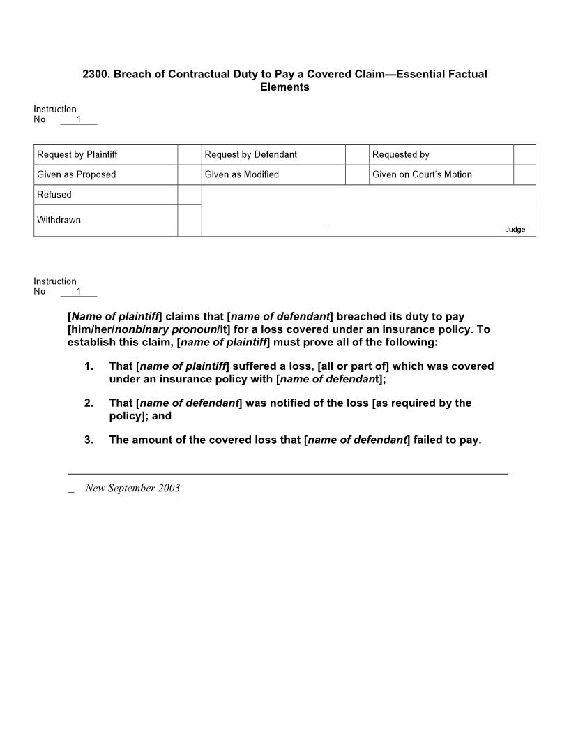 2300. Breach of Contractual Duty to Pay a Covered Claim | Pdf Docx | Jury Instructions