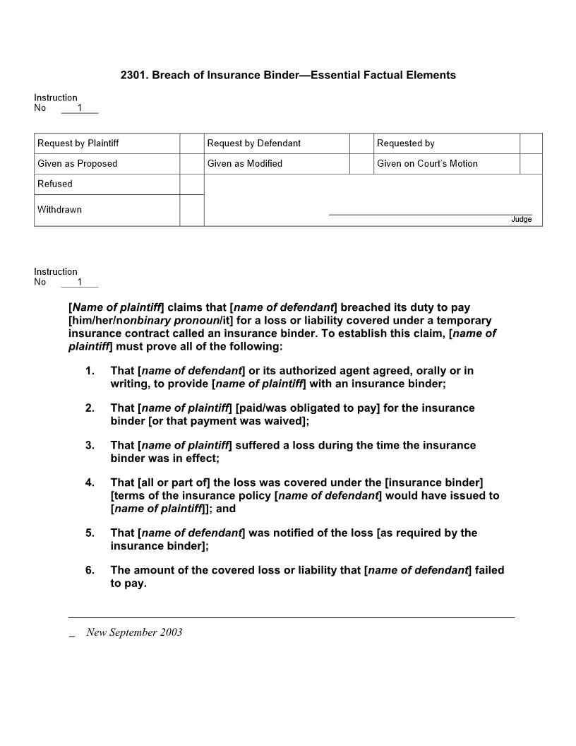 2301. Breach of Insurance Binder Essential Factual Elements | Pdf Docx | Jury Instructions