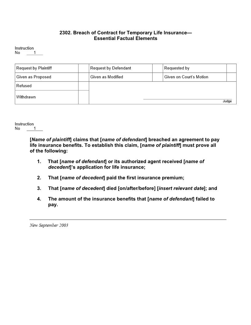 2302. Breach of Contract for Temporary Life Insurance Essential Factual Elements | Pdf Docx | Jury Instructions