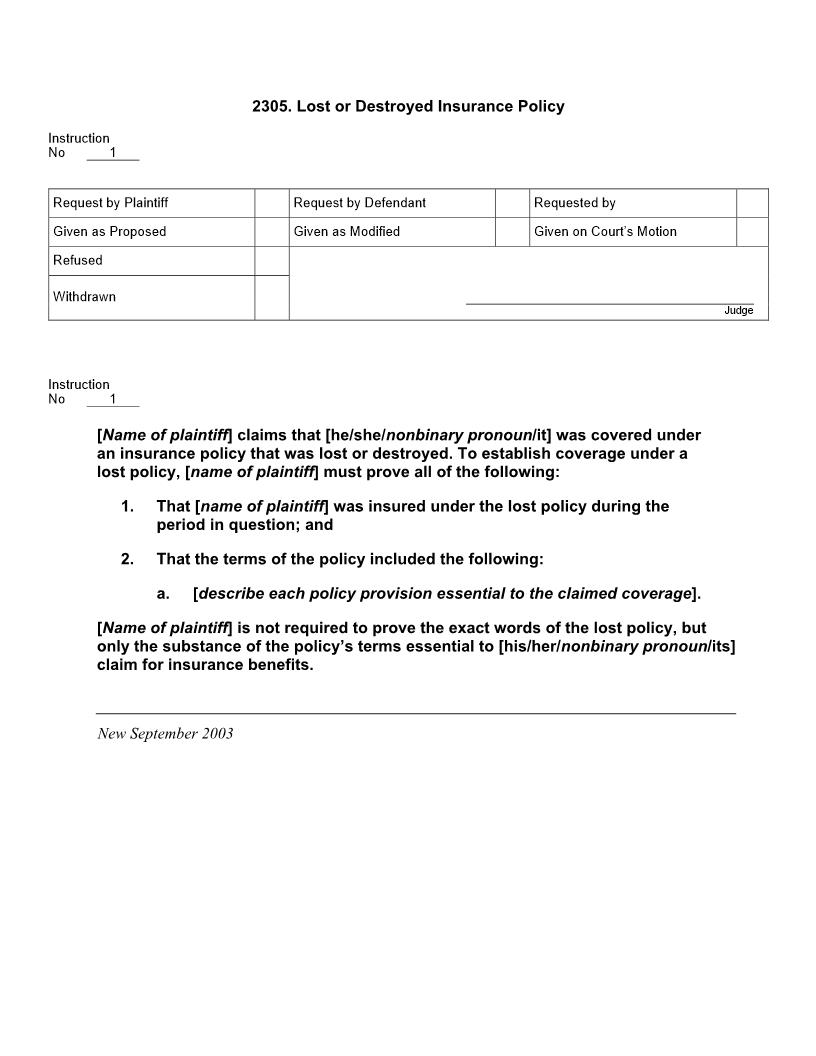 2305. Lost or Destroyed Insurance Policy | Pdf Docx | Jury Instructions