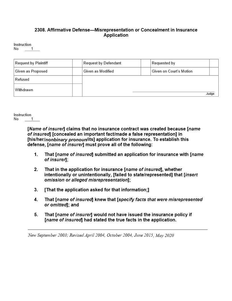 2308. Affirmative Defense Misrepresentation or Concealment in Insurance Application | Pdf Docx | Jury Instructions