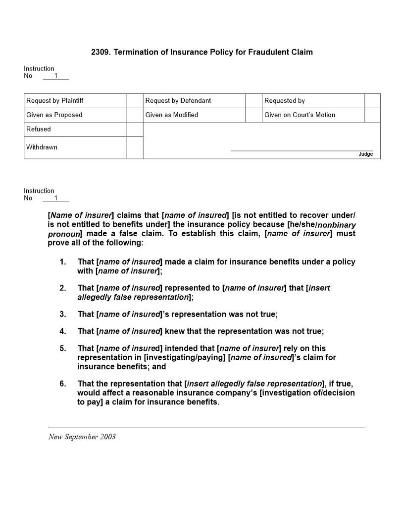 2309. Termination of Insurance Policy for Fraudulent Claim | Pdf Docx | Jury Instructions