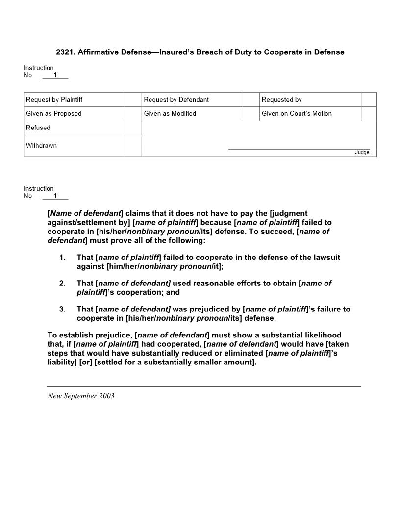 2321. Affirmative Defense Insureds Breach of Duty to Cooperate in Defense | Pdf Docx | Jury Instructions