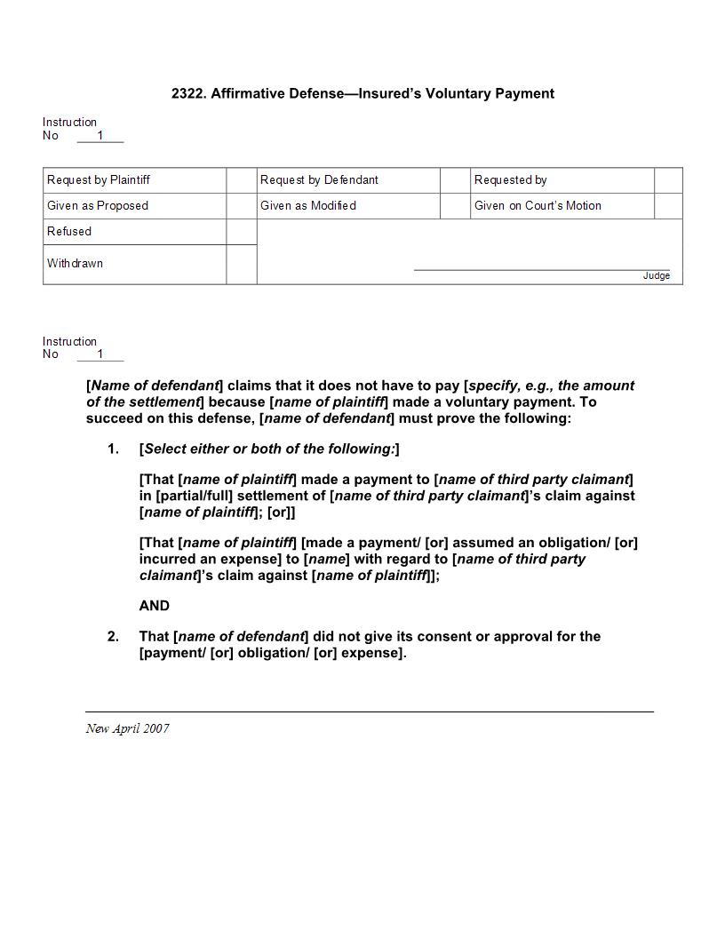 2322. Affirmative Defense Insureds Voluntary Payment | Pdf Docx | Jury Instructions