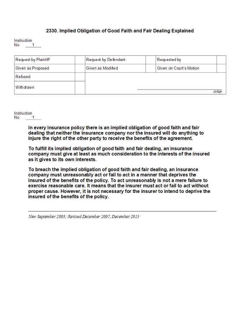 2330. Implied Obligation of Good Faith and Fair Dealing Explained | Pdf Docx | Jury Instructions