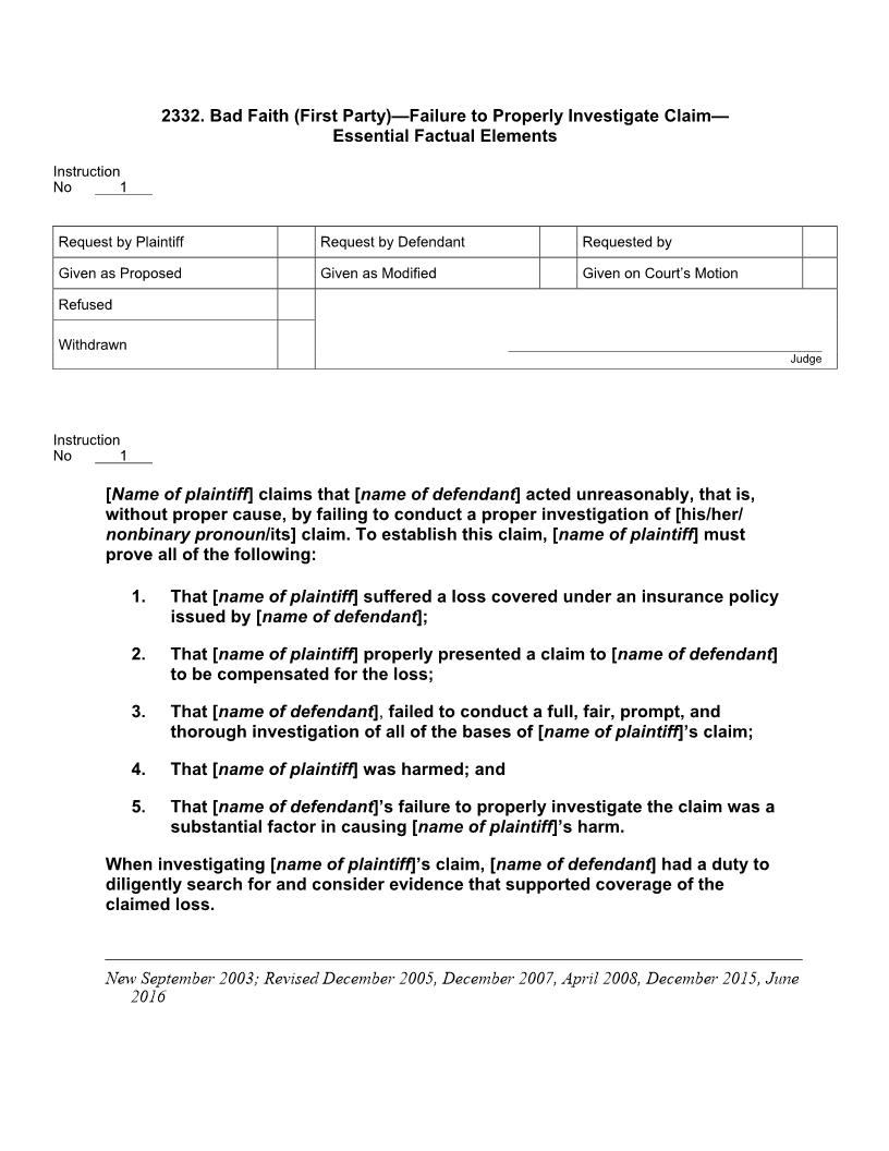 2332. Bad Faith (First Party) Failure to Properly Investigate Claim Essential Factual Elements | Pdf Docx | Jury Instructions