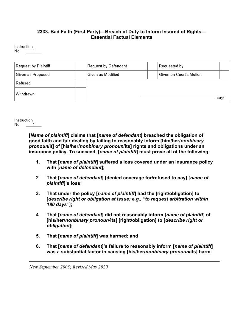 2333. Bad Faith (First Party) Breach of Duty to Inform Insured of Rights Essential Factual Elements | Pdf Docx | Jury Instructions