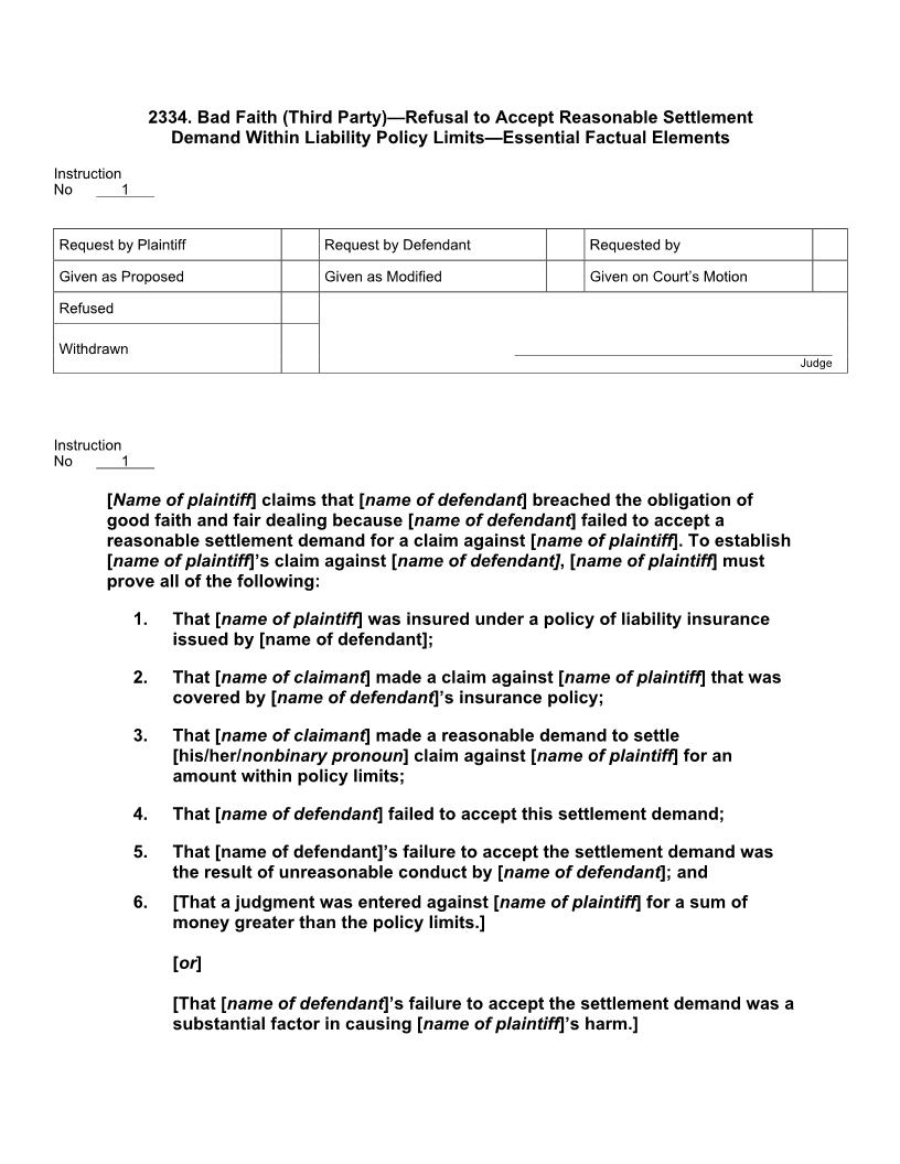 2334. Bad Faith (3rd Party) Refusal Reasonable Settlement Demand Ess Fact Els | Pdf Docx | Jury Instructions